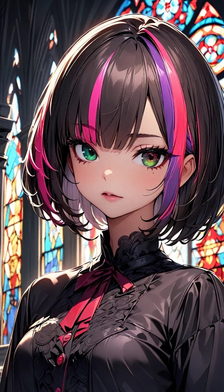 (highest quality:1.2, Very detailed, up to date, Vibrant, Ultra-high resolution, High Contrast, masterpiece:1.2, highest quality, Best aesthetics), Portraiture、girl、solo, (25-years-old:1), slim, , heterrochromia, green eye, red eye, ((gothic lolita:1.3)), intricate black lace dress, (in charch), (Stained glass:1), Bright colors、Beautiful fine details、Beautiful lip detail、extra short hair, ((bob cut:1.5))、pink and purple, ((streaked hair:1.9)), (highlights hair: 1.6), (small breast:1.3), cowboy shot:1,