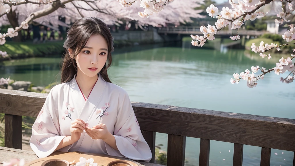 (Logo、masterpiece、8K、On the table、RAW photos、excellent、best quality、8K wallpaper that integrates photorealistic and high-definition CG、high quality、Very detailed、epic、Particle Effects、dynamic effect、Depth of Field、light、lens flare、Ray Tracing)、fantasy、 (1 beauty、White Japanese clothing、Japanese clothing、White cherry blossom pattern、White cherry blossom embroidery pattern、Dark-haired、Pretty Face、serious、Beautiful details eyes beautiful skin)、Hair flutters in wind、Hair jumping、Pink cherry blossom tree、Flower petals flutter、Cherry Blossom Snow、Excellent views、morning glow、The sun in the background、wind、deity、ivory、myth、Vast land、