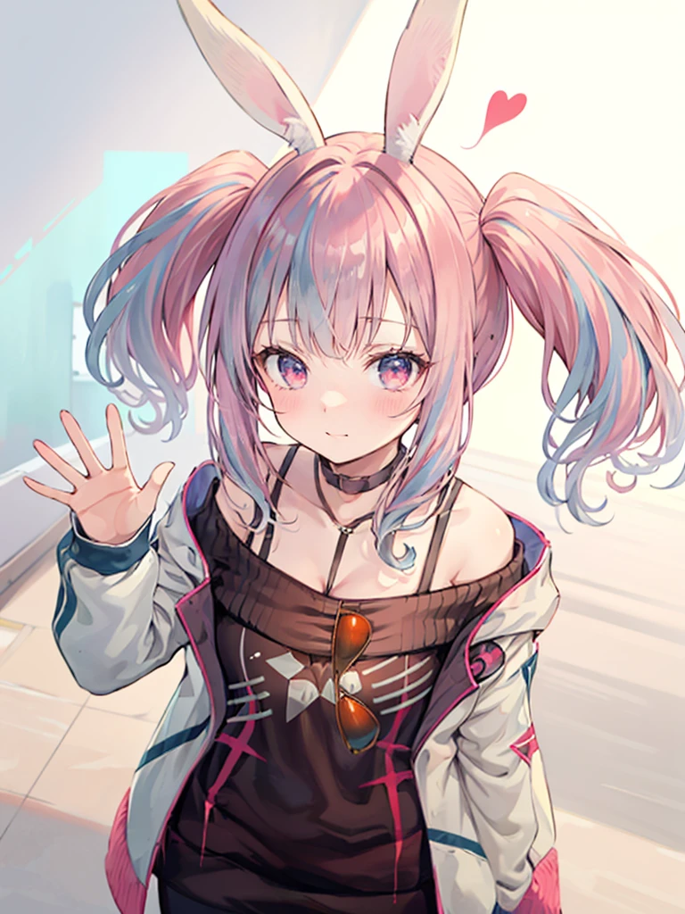 silver hair, hair behind ear, hair two side up, rabbit ears, shy, ray tracing, masterpiece, accurate, textured skin, high quality, high details, best quality, super detail, Japanese high school girl, casual clothes, holiday walk, waving, Heart symbols, from above