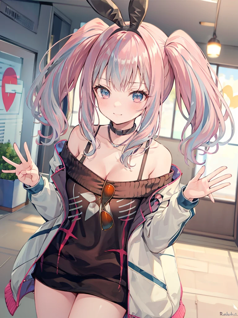 silver hair, hair behind ear, hair two side up, rabbit ears, shy, ray tracing, masterpiece, accurate, textured skin, high quality, high details, best quality, super detail, Japanese high school girl, casual clothes, holiday walk, waving, Heart symbols, from above