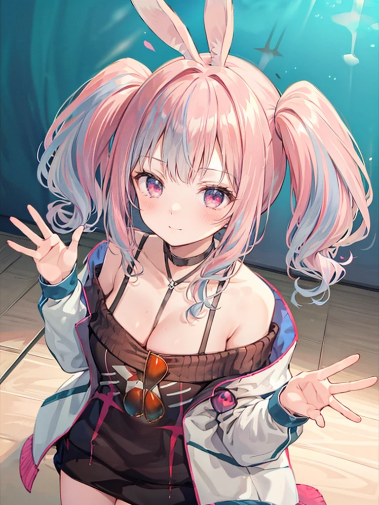 silver hair, hair behind ear, hair two side up, rabbit ears, shy, ray tracing, masterpiece, accurate, textured skin, high quality, high details, best quality, super detail, Japanese high school girl, casual clothes, holiday walk, waving, Heart symbols, from above