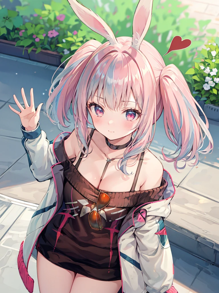 silver hair, hair behind ear, hair two side up, rabbit ears, shy, ray tracing, masterpiece, accurate, textured skin, high quality, high details, best quality, super detail, Japanese high school girl, casual clothes, holiday walk, waving, Heart symbols, from above