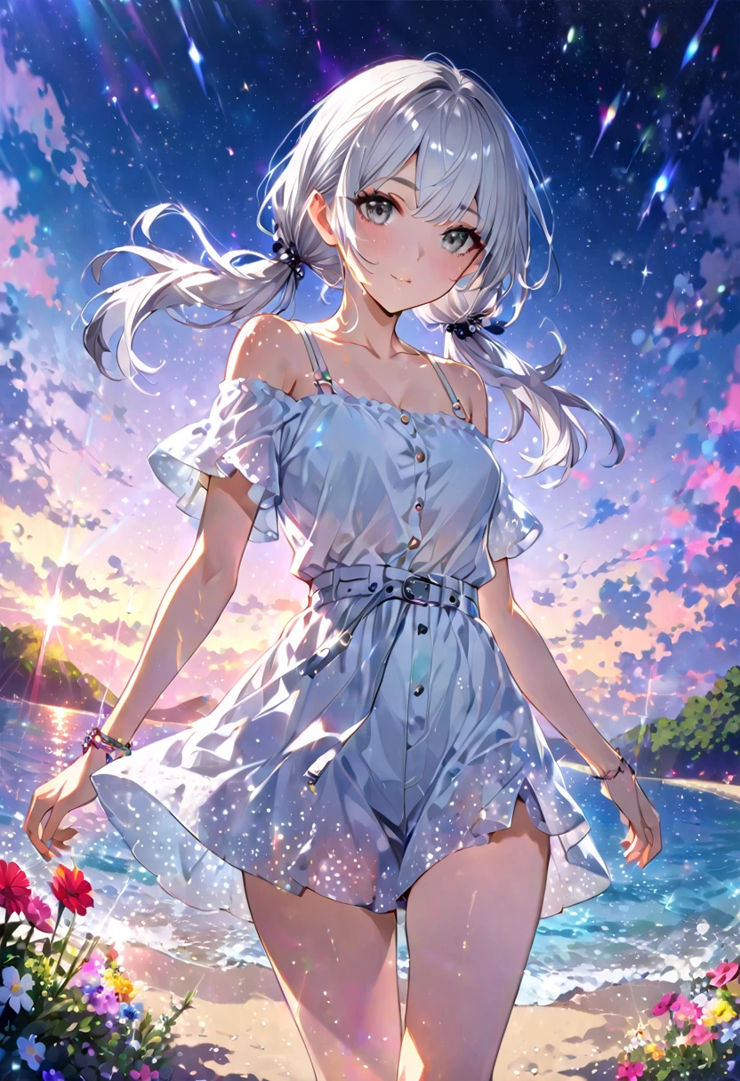 Highest quality masterpiece High resolution masterpiece Silver Hair Grey Eyes Low Twintails、Casual summer outfits flowerpunk、sparkling particles of light、Vivid gradient effects