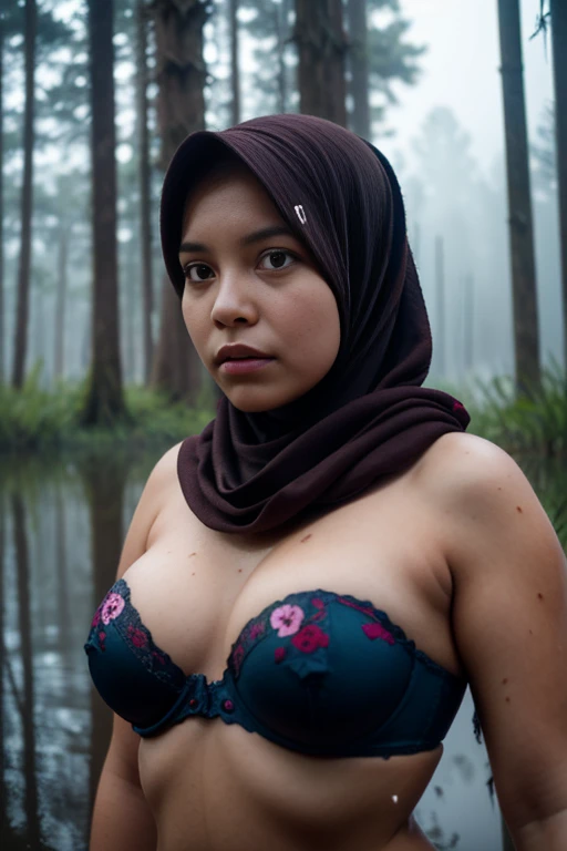 ((Slim:1.3)), ((HIJAB)), WEARING STRAPLESS PATTERN FLORAL BRA, (Best Quality, hight resolution, Realistic:1.37), Detailed face and expression, The Frightened Woman, pixie cut, sickly, Worn-out appearance, Swamp environment, standingn, Seductively drowning in a swamp, Distressed flared satin, cloudy water, Sinking Feeling, gloomy atmosphere, Foggy surroundings, dark shadows, A Surreal Touch, soft-lighting, creepy ambiance, can't cope with shame