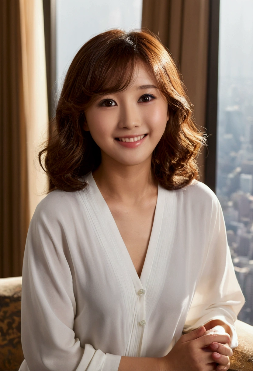 best quality, ultra high res, (photorealistic), RAW photo,(DOF:1.5), (portrait),in Suite, luxurious room, curtains, large sweep window, night view of skyscraper
sit sofa ,
1japanese girl, solo, cute, kawaii,(smile), (brown eyes, catch light:1.4), natural skin, (midi wavy hair), thick body
BREAK