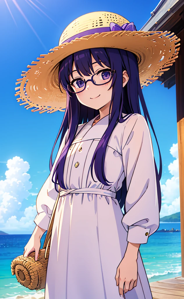 purple long hair、Glasses Girl、White dress、Straw hat、summer、blue sky、smile(Mouth open)smile(明るいsmile)Ocean、cumulonimbus、Resort