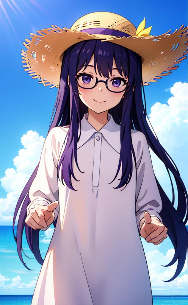 purple long hair、Glasses Girl、White dress、Straw hat、summer、blue sky、smile(Mouth open)smile(明るいsmile)Ocean、cumulonimbus、Resort