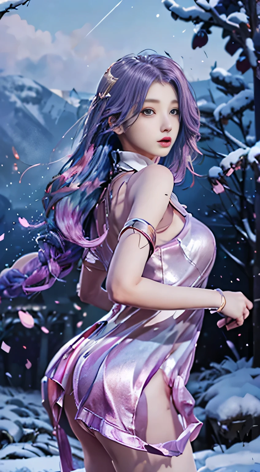 (logo、masterpiece、8k、table top、RAW photo、wonderful、最high quality、Photorealistic and hvery detailed CG integrated 8k wallpaper、high quality、very detailed、Narrative poem、particle effects、dynamic effects、written boundary depth、cinematic light、Lens flare、ray tracing)、fantasy、 (1 beautiful woman、light pink hair、beautiful face、real face、beautiful detailed eyes、beautiful skin、woman dancing gracefully:1.7、woman dancing gracefully:1.7)、Hair flutters in Wind、hair bouncey hair dances in the wind、hair jump、halter neck、leather pants、leather jacket、silver earrings、night、Wind、darkness、snow and hoarfrost、very cold winter day、snow-capped mountainや森、hoarfrost、snow-capped mountain々、The beauty and brilliance of frost-covered trees、Serenity and beauty meadow of ice and snow world、vast land、Lakeside、wonderful scenery、Beautiful natural wind scenery、night sky、Wind、cherry blossoms、cherry blossomsの花びらが舞っている、SakuraFubuki、falling petals