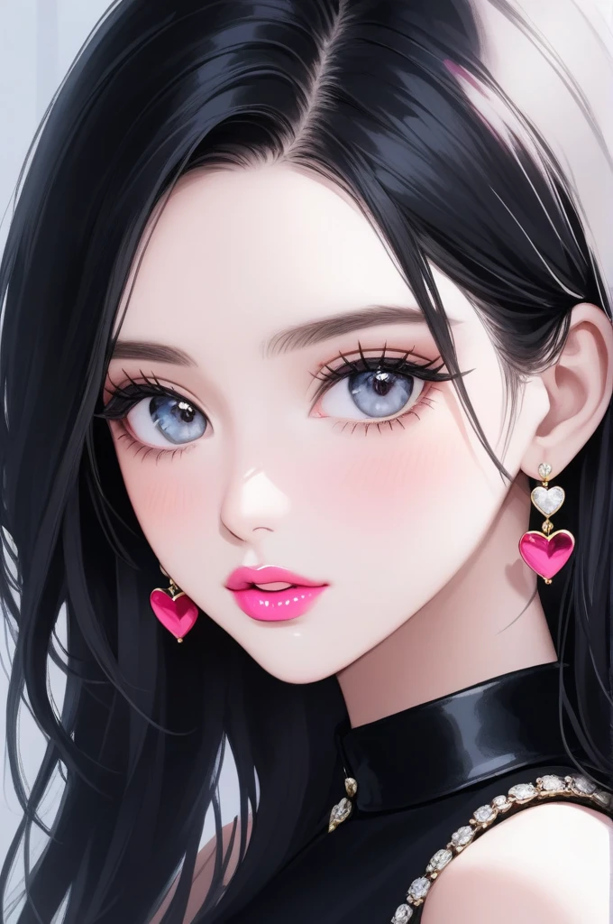 Hot beautiful woman with most beautiful face in world, perfect eyes,big eyelashes,heart shape lips,pink lipstick,sharp jawline,black shiny hair, perfect nose, perfect face,white skin,blush, wearing big jhumka earrings, makeup,hunter eyes