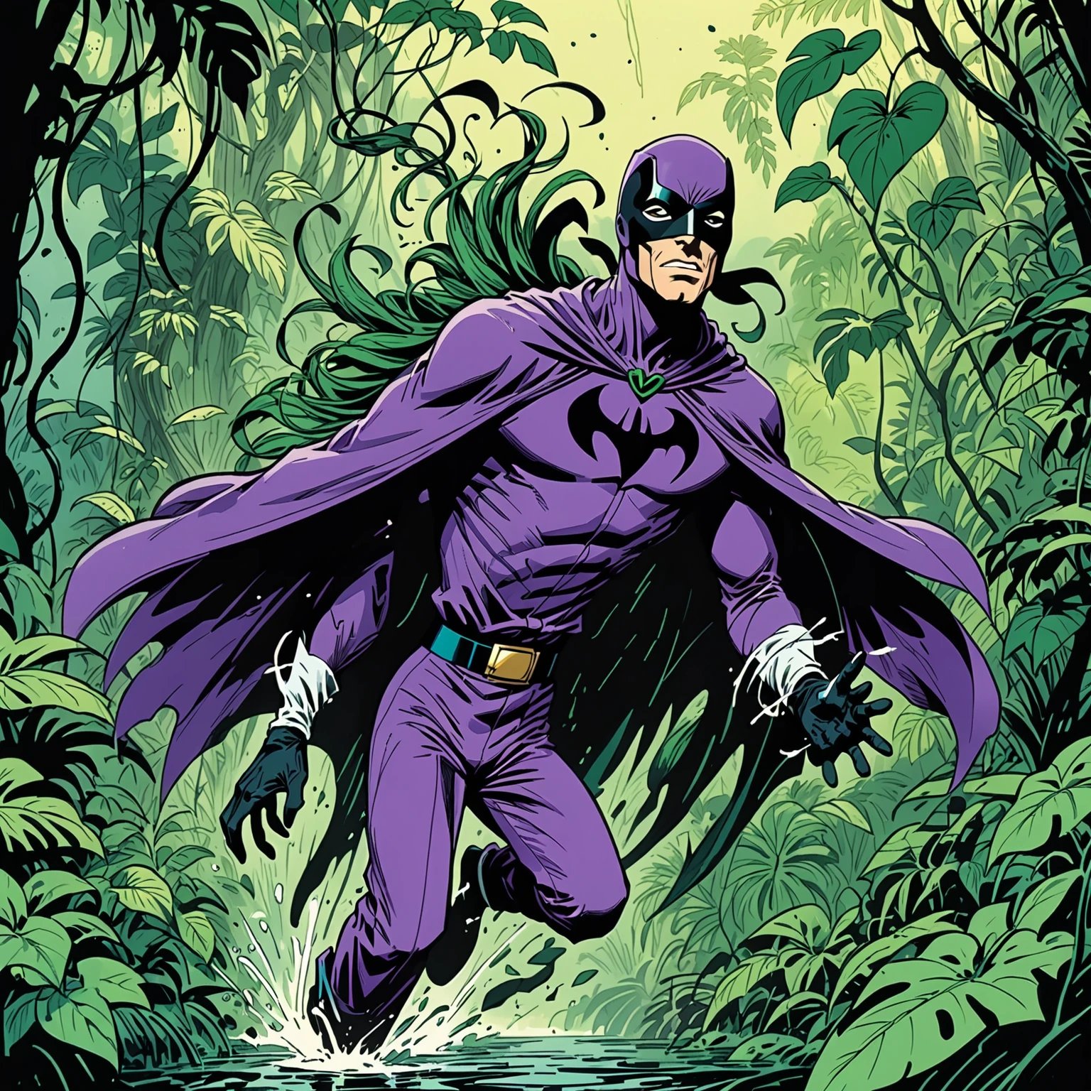 subliminal movement, soaring, caprice, subtle cape fabric flow, punchy, gritty, noir, sean gordon murphy style splash page, action shot, Kit Walker as The Phantom, swinging vine through the jungle, on an adventure, sense of movement, bold lines, expressive, sketch style, 1990s comic, phantom in light purple outfit, lush green foliage jungle coloring, 1990s comic hues, mid movement, candid, cinematic, rich color grading for shading depth, wearing distinct black half eye mask