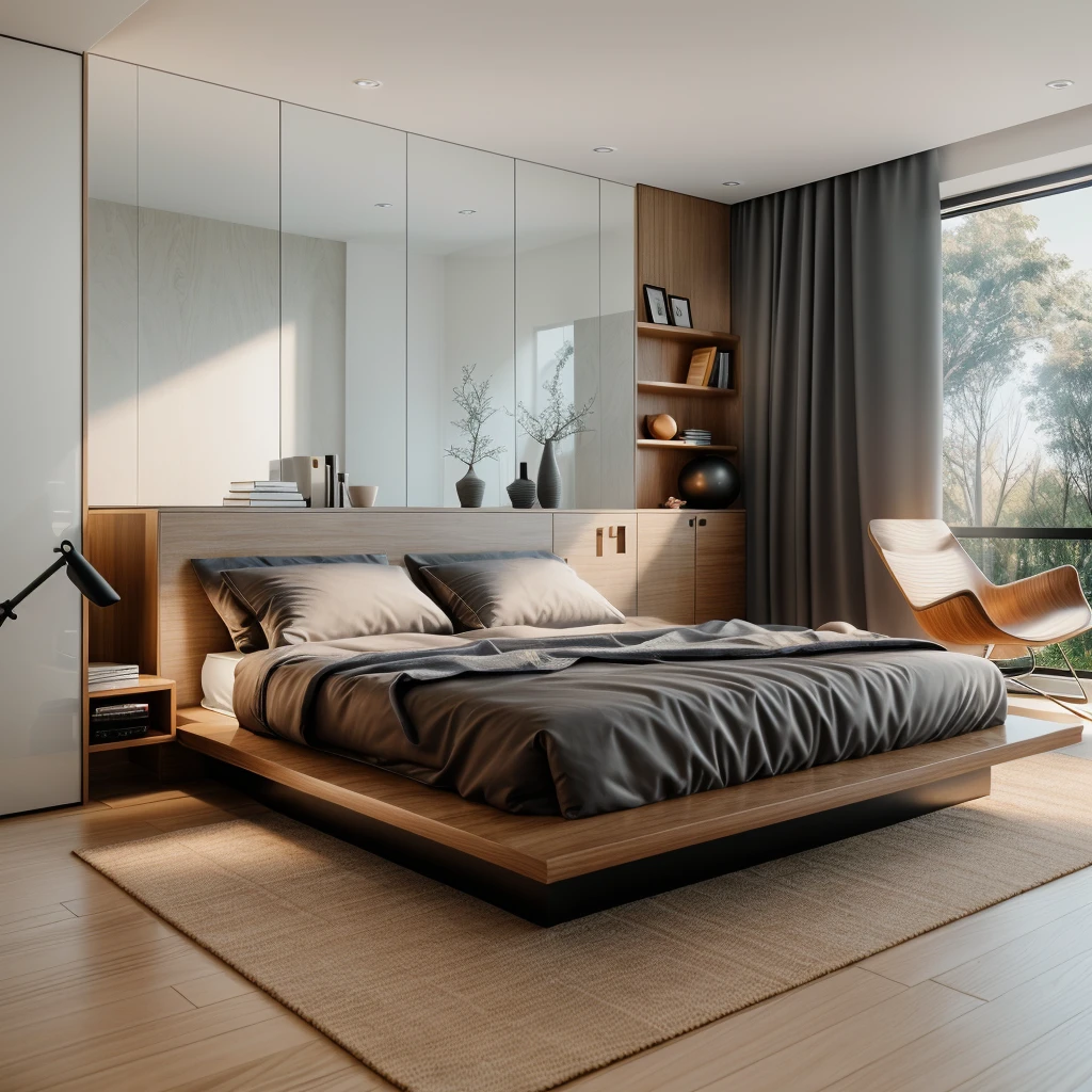 RAW photo, Masterpiece, high quality, best quality, authentic, super detailed, glossy indochina black furniture), minimalist architecture, minimalist bedroom, couch, table, carpet, shelf tv, 1 solid wood door:1.4,((laminated plaster,))), day light)), natural light fromt glass door, archdaily architecture, (high detail: 1.2), 8k uhd, dslr, soft light, high quality, film grain, Fujifilm XT3