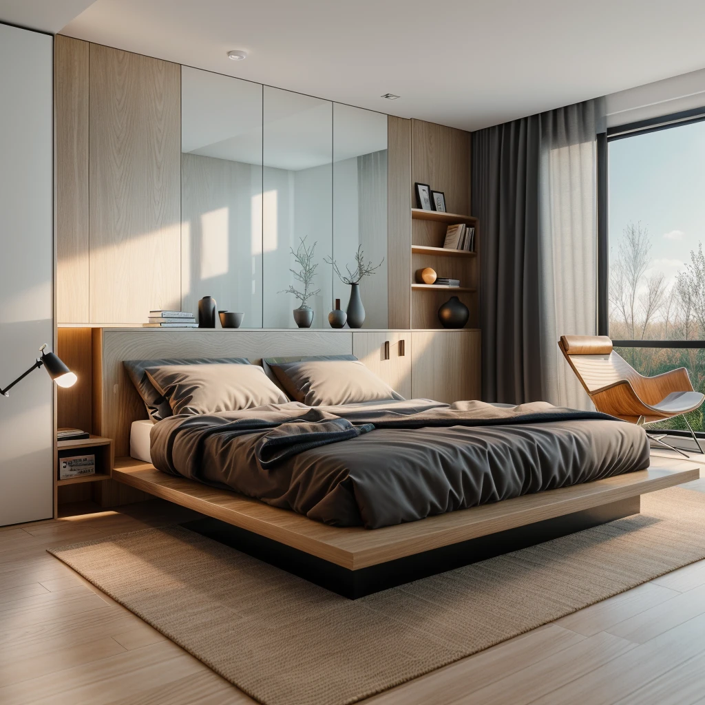 RAW photo, Masterpiece, high quality, best quality, authentic, super detailed, glossy indochina black furniture), minimalist architecture, minimalist bedroom, couch, table, carpet, shelf tv, 1 solid wood door:1.4,((laminated plaster,))), day light)), natural light fromt glass door, archdaily architecture, (high detail: 1.2), 8k uhd, dslr, soft light, high quality, film grain, Fujifilm XT3