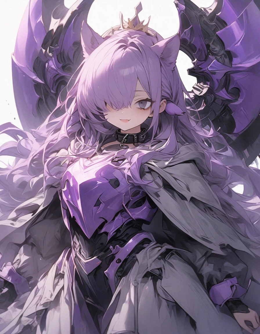 agical girl,frill,frilled sleeve,(1girl:1.5), {masterpiece), best quality, illustration,(purple long hair:1.3) , expressionless,chest,(purple hair:1.1),,,,bags_under_eyes, (hair over one eye:1.25),,, jimiko, long hair, big hair,(shaded face:1.1),wince, ,, darkness,(dog ears:1.1), chained collar,collar,smile,fang, ,knight armor,(crown:1.2),spiked armor,grey cloak,grey shirts,,,(purple armor:1.1),,,,,standing pose,1girl white background,(tachi-e:1.4),, ,cyber outfit, cyber hi-tech boots, high resolution, digital painting, 8k high resolution, trending art station, white background, whole body. hold on high tech energy axe,