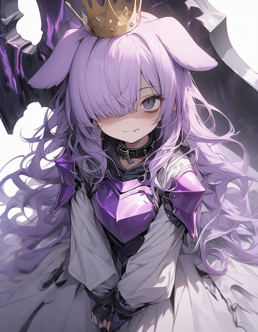 agical girl,frill,frilled sleeve,(1girl:1.5), {masterpiece), best quality, illustration,(purple long hair:1.3) , expressionless,chest,(purple hair:1.1),,,,bags_under_eyes, (hair over one eye:1.25),,, jimiko, long hair, big hair,(shaded face:1.1),wince, ,, darkness,(dog ears:1.1), chained collar,collar,smile,fang, ,knight armor,(crown:1.2),spiked armor,grey cloak,grey shirts,,,(purple armor:1.1),,,,,standing pose,1girl white background,(tachi-e:1.4),, ,cyber outfit, cyber hi-tech boots, high resolution, digital painting, 8k high resolution, trending art station, white background, whole body. hold on high tech energy axe,