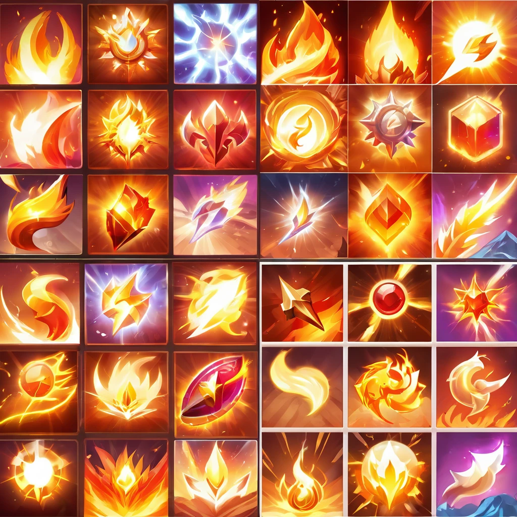 Close up of a bunch of different fire and ice icons, holy fire spell art, Game Icon Assets, Skill competency art, Glowing energy effect, Firepower, Capability Image, Object Art, Fantasy game spell icons, Mysterious art style, Flash explosion, video game skills competencies, Lightning Mage spell icon, Stylized game icons, Magic spell icon