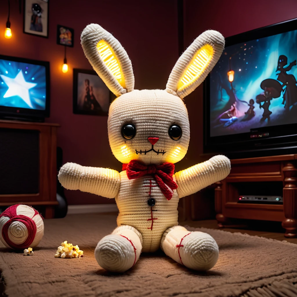 (knitted toy voodoo doll:1.7), (Voodoo Rabbit Watching Movie:1.3), (Clothing: casual movie-watching outfit with magical film reel patterns:1.0), (Accessories: enchanted popcorn, glowing remote, mystical movie screen:1.2), (background: cozy home theater with floating, glowing film strips and soft movie sounds:1.2), best quality, masterpiece, detailed soft oil painting, detailed background, dramatic cinematic lighting, soft edge lighting, professional, dramatic lighting, hard edge lighting, ultra quality, 4k,masterpiece, best quality, 8k, ultra highres, highres, extremely detailed