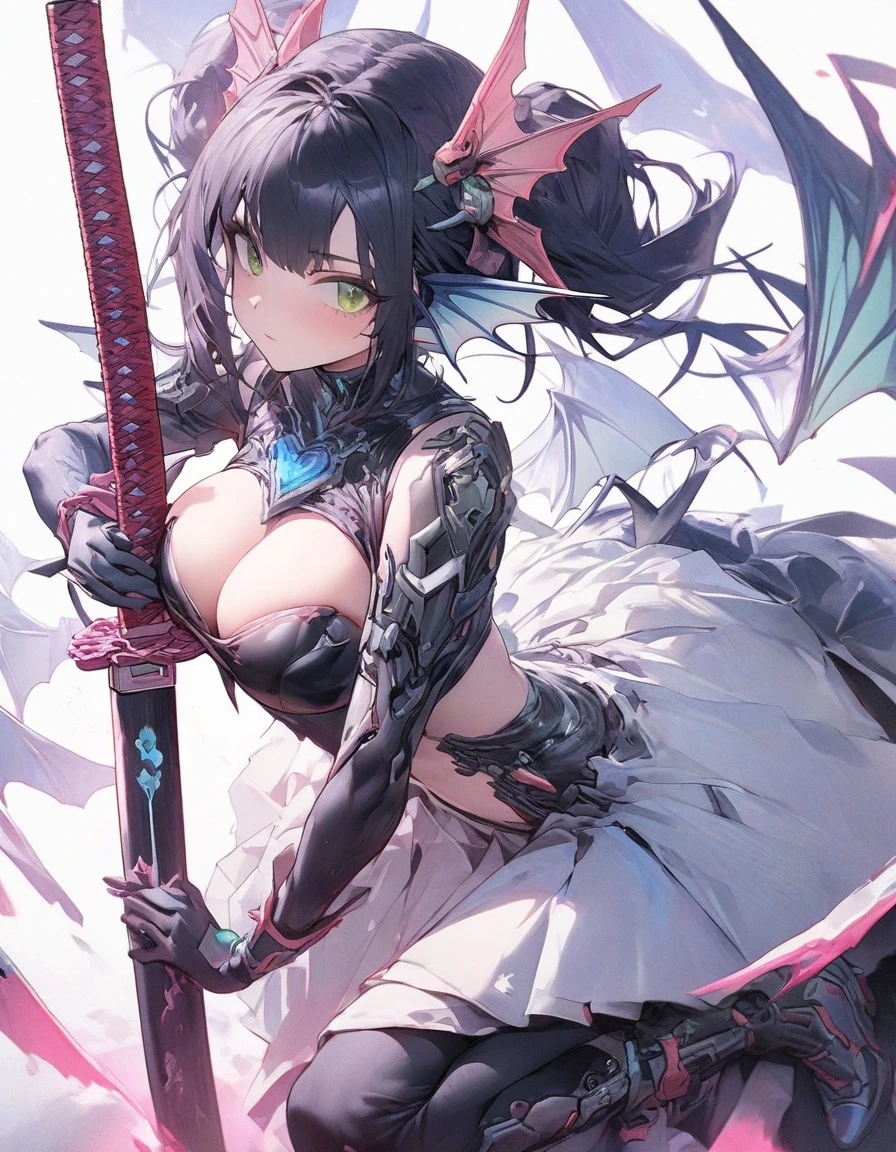 ,snap shot,red katana,fighting stance,(holding huge katana:1.3),samurai armor,,,{{{Huge breasts}}},,,,,,long skirt, brooches,Blue brooch,,(dark Blue hair:1.25),gradient_hair,( Green eyes:1.25),hair_ornament detached ,,Very Long Ponytail, poneyTail,, (head fins:1.25),、,iaidow,weapon, katana, holding sword, ready to draw, sheathed, unsheathing, scabbard,(Masterpiece, best quality), ultra-detailed, full-bodied cyber punk magical girl, hold on high tech energy KATANA,,cyber outfit, cyber hi-tech boots, high resolution, digital painting, 8k high resolution, trending art station, white background, whole body.