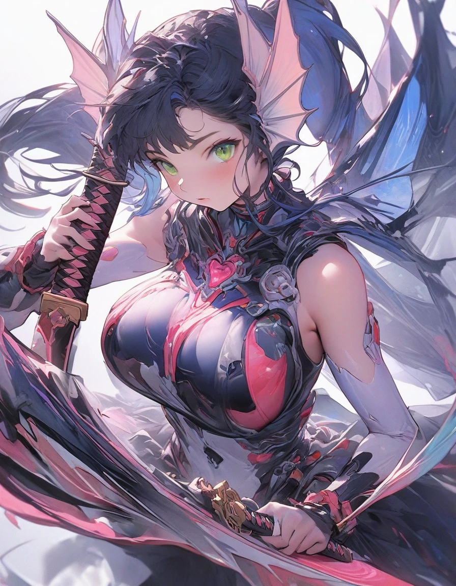 ,snap shot,red katana,fighting stance,(holding huge katana:1.3),samurai armor,,,{{{Huge breasts}}},,,,,,long skirt, brooches,Blue brooch,,(dark Blue hair:1.25),gradient_hair,( Green eyes:1.25),hair_ornament detached ,,Very Long Ponytail, poneyTail,, (head fins:1.25),、,iaidow,weapon, katana, holding sword, ready to draw, sheathed, unsheathing, scabbard,(Masterpiece, best quality), ultra-detailed, full-bodied cyber punk magical girl, hold on high tech energy KATANA,,cyber outfit, cyber hi-tech boots, high resolution, digital painting, 8k high resolution, trending art station, white background, whole body.