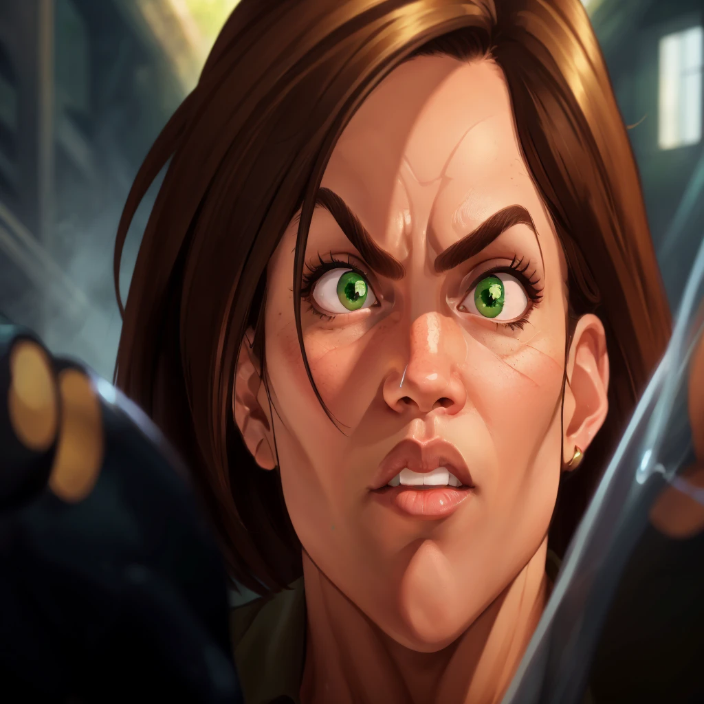 (masterpiece:1.2), (best quality), (ultra detailed), (8k, 4k, intricate),(full-body-shot:1), (highly detailed:1.2),(detailed face:1.2), (detailed background), muscle woman with dark hair, woman with huge muscles, mature woman, stern expression, green eyes