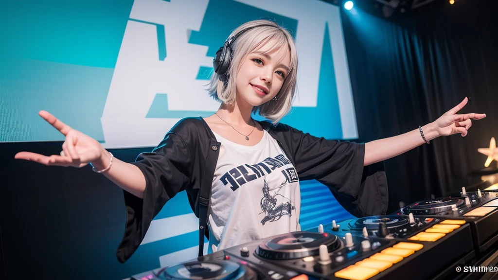 (ultra - detailed, 16K resolution, Cinema lenses, rendering by octane), (high resolution:1.18), intricate detail, (masterpiece:1.1), (highest quality:1.1), (1girl, portrait, white hair, blue eyes, short hair, detailed eyes),Wearing silver DJ headphones, sequined T-shirt, (in the beach:1.5), (Iconic hip-hop pop costumes:1.3), Smile while DJing on stage, DJ studio next to the beach, ((A stylish DJ stage on a hill overlooking the beach)), full body shot, Photorealistic photography by Sunshine, (cute round face:1.3), perfect fingers, five fingers, beautiful hands, perfect hands. master peace, cute smile, Fixhand.