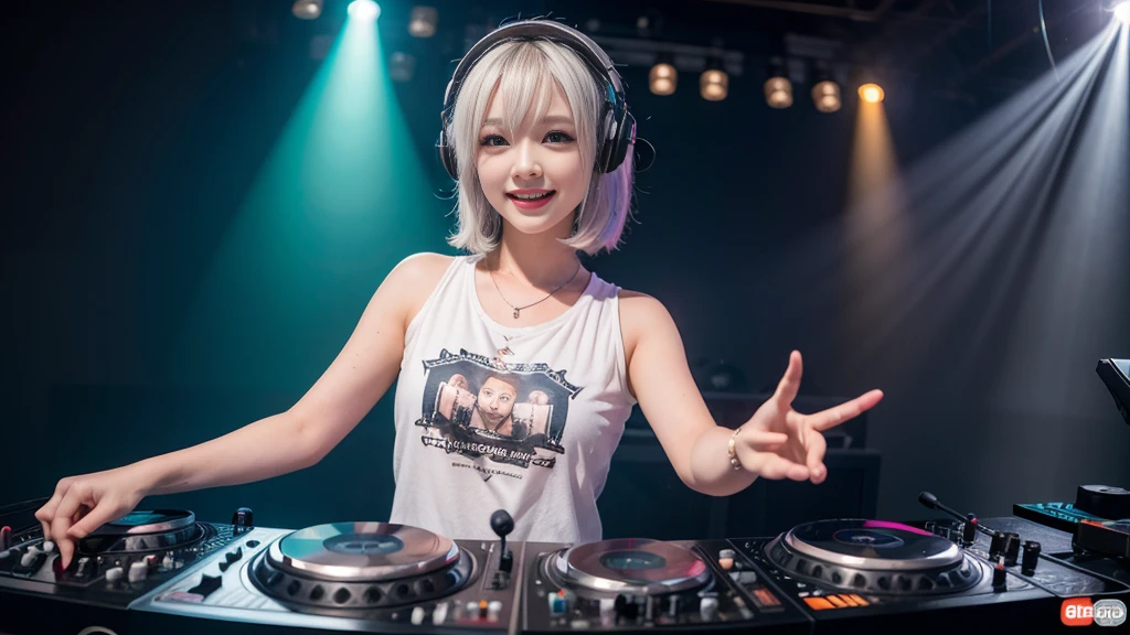 (ultra - detailed, 16K resolution, Cinema lenses, rendering by octane), (high resolution:1.18), intricate detail, (masterpiece:1.1), (highest quality:1.1), (1girl, portrait, white hair, blue eyes, short hair, detailed eyes),Wearing silver DJ headphones, sequined T-shirt, (in the beach:1.5), (Iconic hip-hop pop costumes:1.3), Smile while DJing on stage, DJ studio next to the beach, ((A stylish DJ stage on a hill overlooking the beach)), full body shot, Photorealistic photography by Sunshine, (cute round face:1.3), perfect fingers, five fingers, beautiful hands, perfect hands. master peace, cute smile, Fixhand.