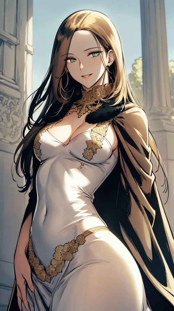 Masterpiece, (Best Quality), 1woman,1 girl ,beautiful woman, altairdb, wide, green eyes,   black fur,, White dress, collar, dress, jewelry, divine, ,SMILE, ,earrings , vibrant colors ,natural lighting  ,RTX,  perfect proportions, beautiful, (detailed face:1.2), escape, (Perfect eyes:1.1) ,(photorealistic:1.1), 8K uhd,  looking at a spectator, outdoor,  simple background, (full bodyesbian:1.2)