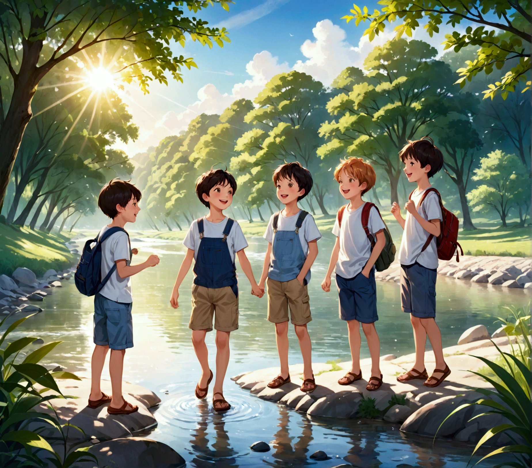 Create an image of four young boys standing by the edge of a river. The boys are around 8- and are dressed in casual summer clothes. They are engaged in playful activities, such as skipping stones, fishing, or simply chatting and laughing. The background includes the flowing river with lush, green trees lining the banks and the sunlight filtering through the leaves, creating a warm, cheerful atmosphere. The overall mood of the image is lively and joyful, capturing the essence of childhood adventure and friendship