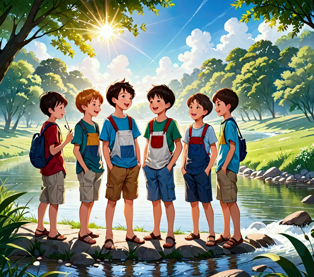 Create an image of four young boys standing by the edge of a river. The boys are around 8-10 years old and are dressed in casual summer clothes. They are engaged in playful activities, such as skipping stones, fishing, or simply chatting and laughing. The background includes the flowing river with lush, green trees lining the banks and the sunlight filtering through the leaves, creating a warm, cheerful atmosphere. The overall mood of the image is lively and joyful, capturing the essence of childhood adventure and friendship