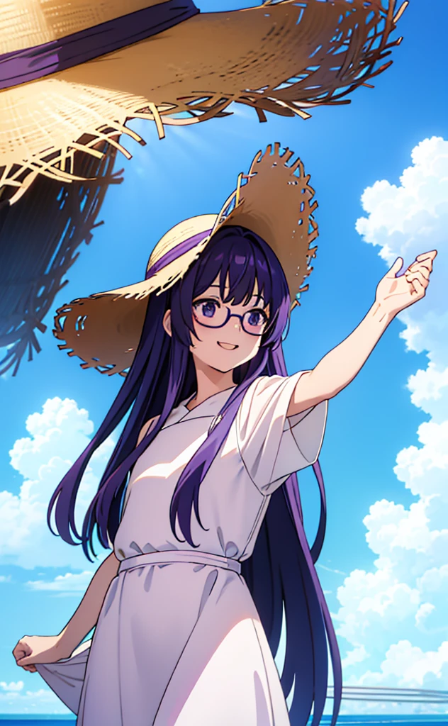 purple long hair、Glasses Girl、White dress、Straw hat、summer、blue sky、smile(Mouth open)、Ocean、cumulonimbus、Resort、Jumping around、fine