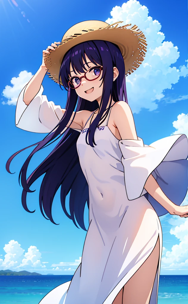 purple long hair、Glasses Girl、White dress、Straw hat、summer、blue sky、smile(Mouth open)、Ocean、cumulonimbus、Resort、Jumping around、fine