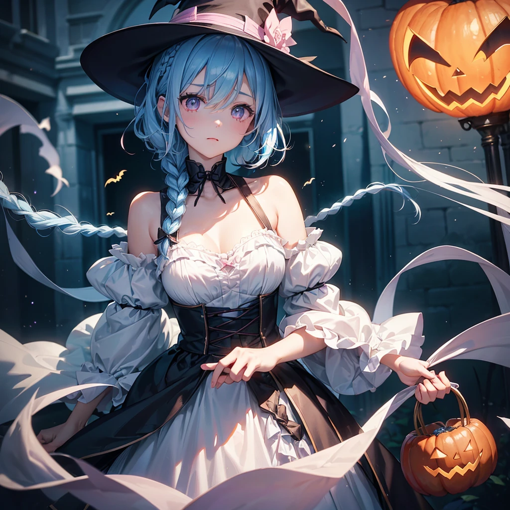(Light blue medium hair:1.2),(Braided hair:1.2)、Pink eyes、Fair skin、cowboy shot、Halloween、The background is a pumpkin ghost、Crescent Moon、Trick or Treat、A lot of sweets、witch、Halloween night、Candy、many bat、Condescending expression、solo、(masterpiece、Highest quality、Very detailed、Best Shadow)、(Detailed Background)、(Beautifully detailed face)、High contrast、(Best lighting、Very delicate and beautiful)、(Cinematic Light)、colorful、Hyper Detail、Dramatic Light、Exquisite detail、