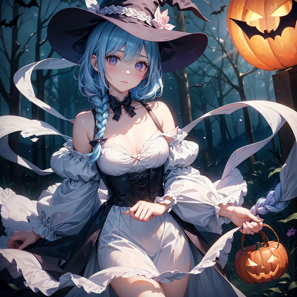 (Light blue medium hair:1.2),(Braided hair:1.2)、Pink eyes、Fair skin、cowboy shot、Halloween、The background is a pumpkin ghost、Crescent Moon、Trick or Treat、A lot of sweets、witch、Halloween night、Candy、many bat、Condescending expression、solo、(masterpiece、Highest quality、Very detailed、Best Shadow)、(Detailed Background)、(Beautifully detailed face)、High contrast、(Best lighting、Very delicate and beautiful)、(Cinematic Light)、colorful、Hyper Detail、Dramatic Light、Exquisite detail、