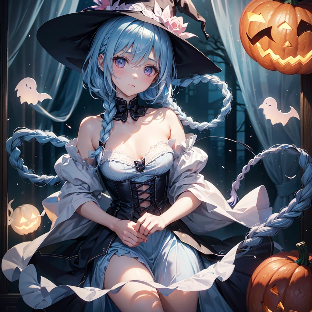 (Light blue medium hair:1.2),(Braided hair:1.2)、Pink eyes、Fair skin、cowboy shot、Halloween、The background is a pumpkin ghost、Crescent Moon、Trick or Treat、A lot of sweets、witch、Halloween night、Candy、many bat、Condescending expression、solo、(masterpiece、Highest quality、Very detailed、Best Shadow)、(Detailed Background)、(Beautifully detailed face)、High contrast、(Best lighting、Very delicate and beautiful)、(Cinematic Light)、colorful、Hyper Detail、Dramatic Light、Exquisite detail、