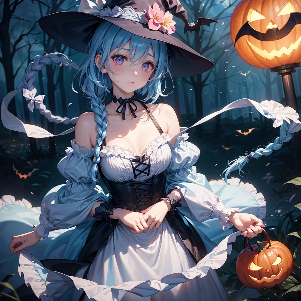 (Light blue medium hair:1.2),(Braided hair:1.2)、Pink eyes、Fair skin、cowboy shot、Halloween、The background is a pumpkin ghost、Crescent Moon、Trick or Treat、A lot of sweets、witch、Halloween night、Candy、many bat、Condescending expression、solo、(masterpiece、Highest quality、Very detailed、Best Shadow)、(Detailed Background)、(Beautifully detailed face)、High contrast、(Best lighting、Very delicate and beautiful)、(Cinematic Light)、colorful、Hyper Detail、Dramatic Light、Exquisite detail、