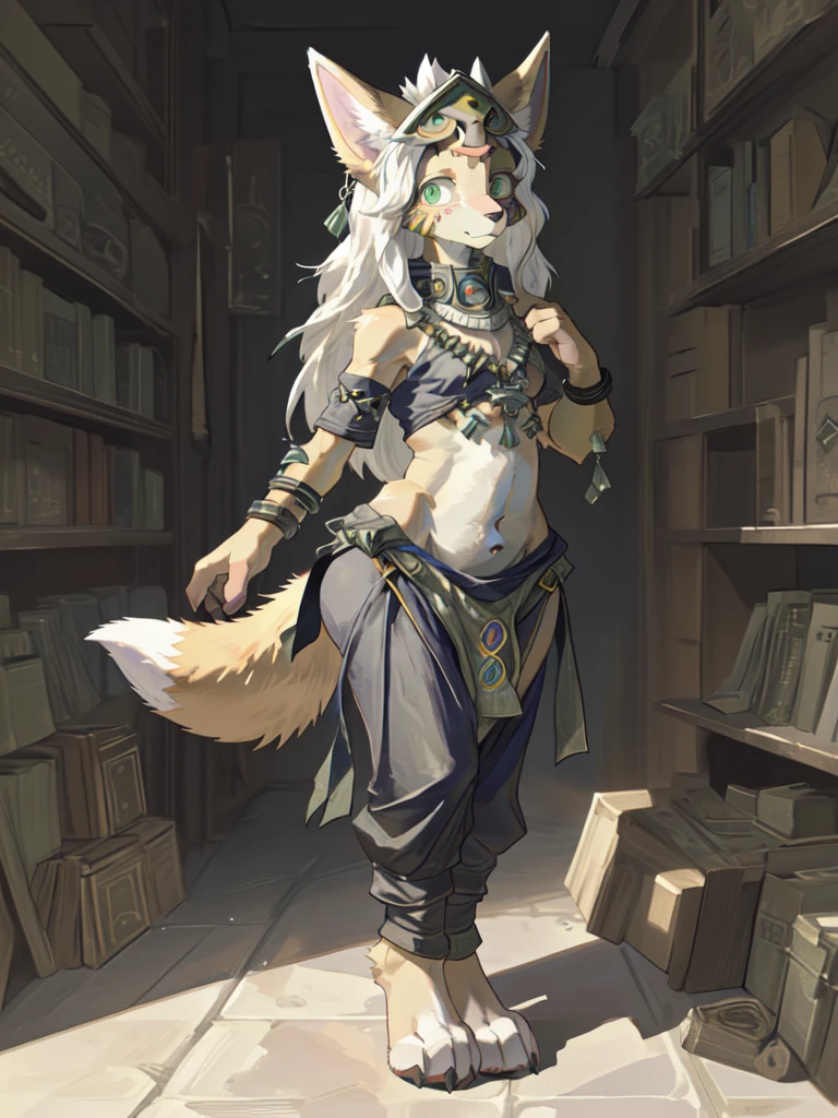 (ddler:1.5), kemono, art by dagasi, Uploaded to e621.net, (Pixelsketcher), (wamudraws), (masterpiece), (HD), (high res), (feet visible), (furry anthro), (detailed fur), (detailed shading), (beautiful render art), (Mineru:1.5), ((zonai)), white hair, long hair, fluffy ears, collar, necklace, mask, small feline snout, anthro goat, black skin, furry, (light color fur), big ears, fox ears, (beautiful eyes, green eyes), [(slim figure, flat chest, skinny)], (curvy hips), (3 toed paws:1.5), wearing zonai clothes