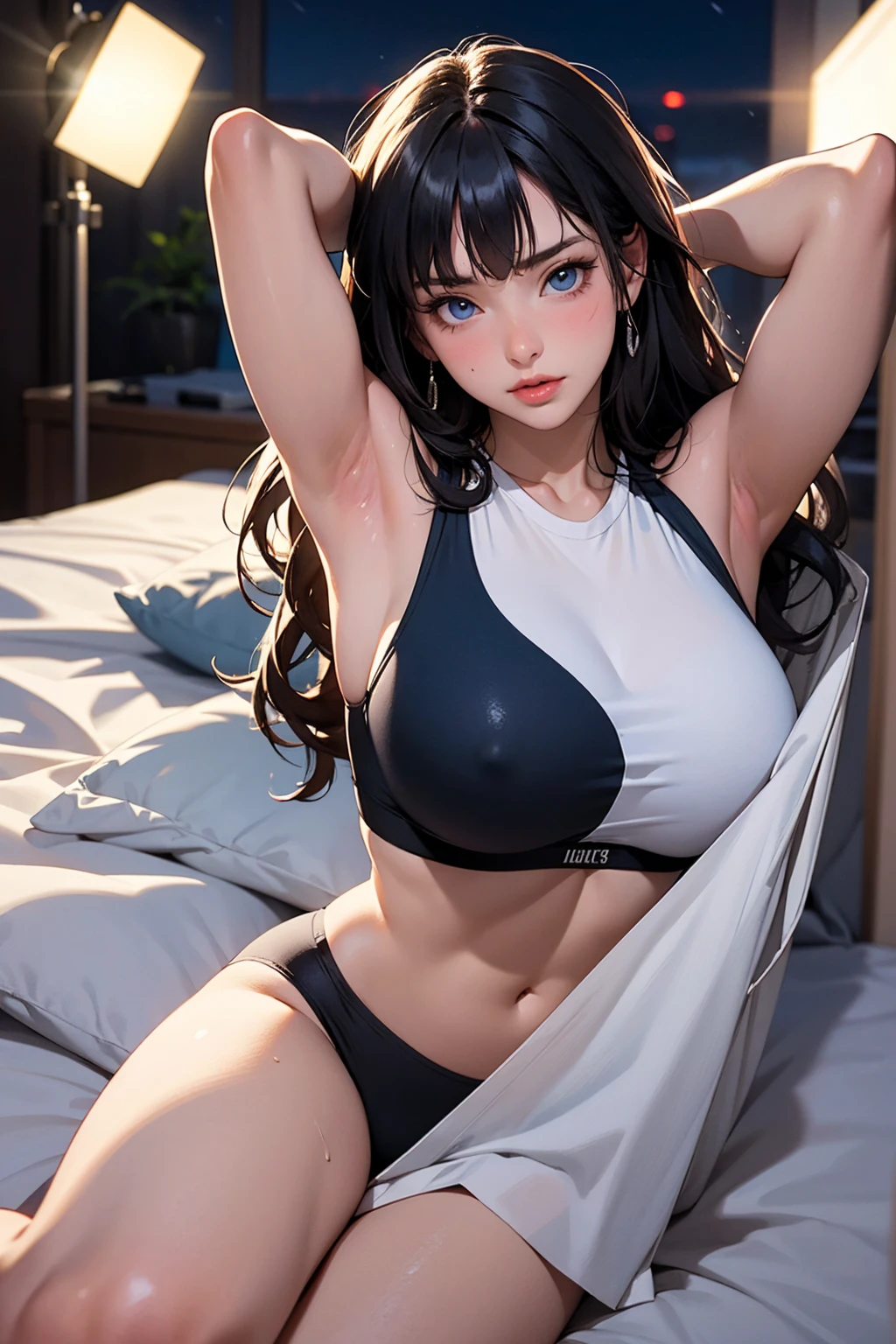 Adorable , Gorgeous , Beautiful , Russian Baby Face , (Large Colossal ) , 30 Years Old , White Skin , (wearing sport bra ; 1.1) ,(very sweaty body, arms up, sweet armpits, detailed armpits, lying in a bed) , Front Facing , Potrait ,((hit by spotlight: 1.4)) ((Muscles:1.1)) , Long Hair Bangs , Blue Eye , , ((Night:1.3)) , Standing, (full body shoot) , HDR , Ultra Detailed , EF 24-70mm f/2.8L II USM