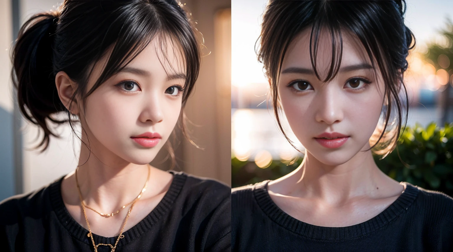 Highest quality, 超High resolution, (Realistic:1.4),Sunset Light, ponytail, Korean women, Detailed Photos, smile, sexy, Black Shirt, To the camera, close (masterpiece: 1.3), (8k, Realistic, Highest quality: 1.4), (One girl), Beautiful Face, (Realistic Face), (Black Hair, short hair: 1.3), Beautiful hairstyle, Realistic eyes, Beautiful details in the eyes, (Realistic Skin), Beautiful Skin, (sweater), Absurd, Charm, 超High resolution, Ultra-realistic, High resolution, Golden Ratio
