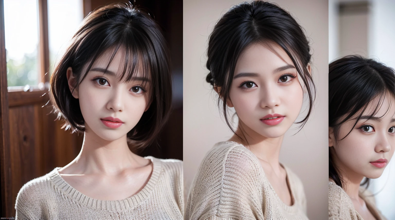 Highest quality, 超High resolution, (Realistic:1.4),Sunset Light, ponytail, Korean women, Detailed Photos, smile, sexy, Black Shirt, To the camera, close (masterpiece: 1.3), (8k, Realistic, Highest quality: 1.4), (One girl), Beautiful Face, (Realistic Face), (Black Hair, short hair: 1.3), Beautiful hairstyle, Realistic eyes, Beautiful details in the eyes, (Realistic Skin), Beautiful Skin, (sweater), Absurd, Charm, 超High resolution, Ultra-realistic, High resolution, Golden Ratio