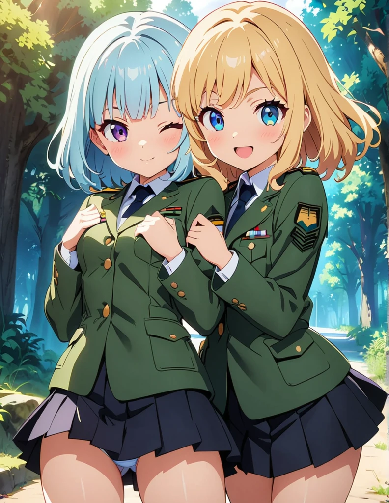 (anime artwork, anime style, studio anime, very detailed, up to date, vibrant, Anime Coloring, high contrast, masterpiece:1.2, best quality, best aesthetics),2 girl,hug from behind,army suit, pleated skirt, Medium chest, A glimpse of thighs,random hair, One eye is hidden by the bangs, perfect proportions, high detail skin, Cute, detailed faces,forest, precise fingers,panty shot ,catfight battle,power bomb