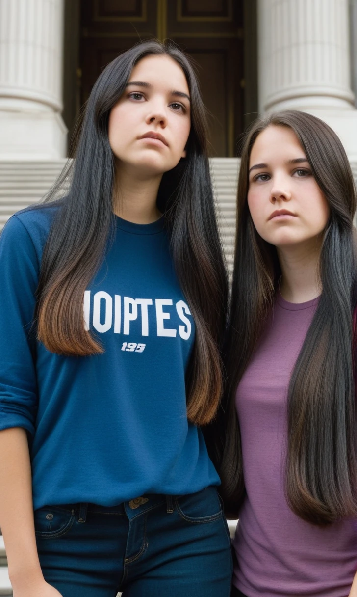 Two young women, one with long black hair and the other one with long brown hair. standing together on the courthouse steps, looking hopeful