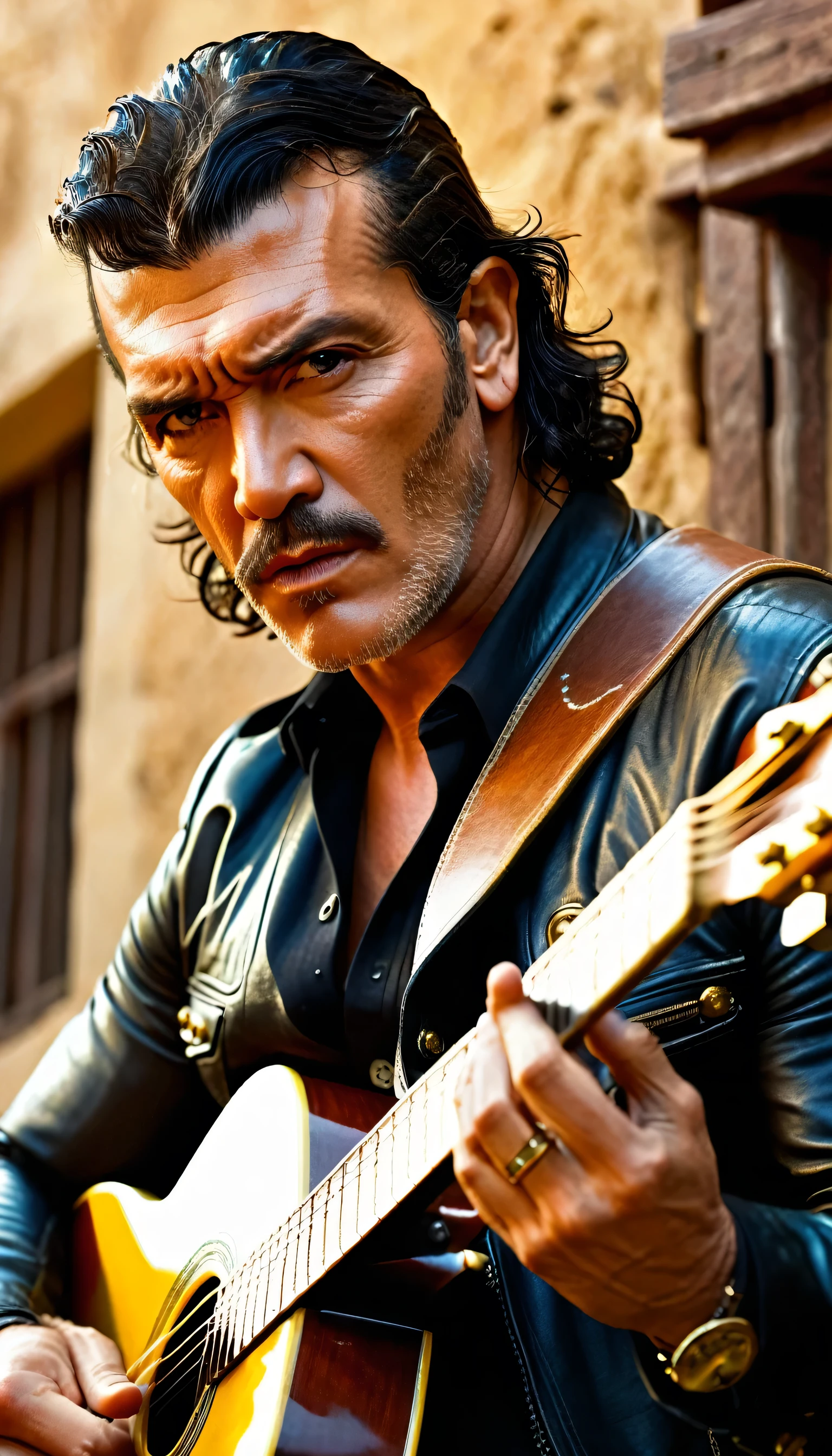 Desperado movie, guitarist (Antonio Banderas: 1.2) shoots the guitar like a machine gun, detailed environment, detailed guitar, masterpiece, photorealistic, 8k, hyper detailed, detailed facial features, beautiful detailed eyes, beautiful detailed lips,