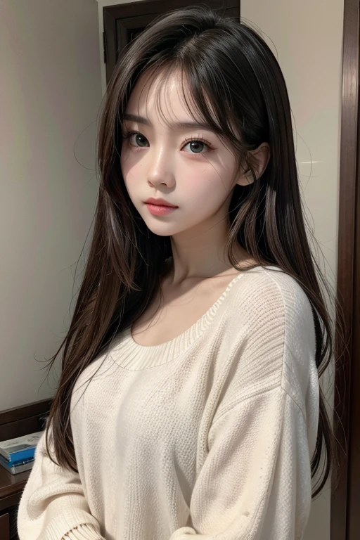 , KOREAN, skin fair, long dark hair, clear eyes, possibly bluish or grayish, lips full of pink tone, neutral expression, soft and ethereal appearance, realisitic