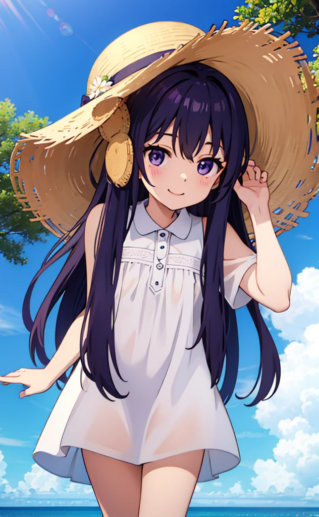 purple long hair、Glasses Girl、White dress、Straw hat、summer、blue sky、smile(Mouth open)、Ocean、cumulonimbus、Resort、Jumping around、fine、Highest quality