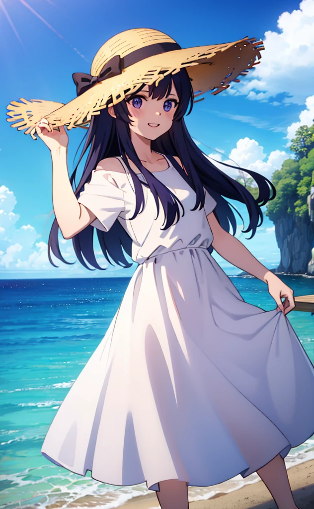 purple long hair、Glasses Girl、White dress、Straw hat、summer、blue sky、smile(Mouth open)、Ocean、cumulonimbus、Resort、Jumping around、fine、Highest quality