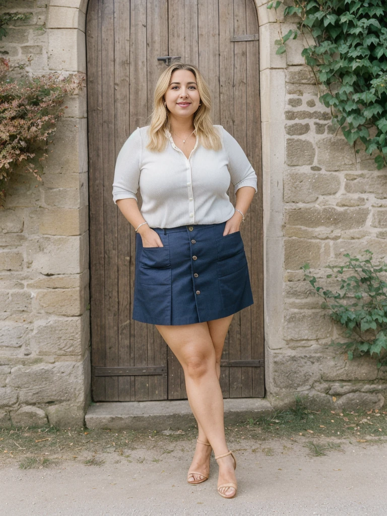 Xyrele, 1girl, solo, 30 years old, (((French face))), (((French nose))), (((French lips))), ((((chubby)))), (((wide hips))), (((blonde hair))), ((crinkly medium hair)), long hair, wearing stylish palette trend modern wear and skirt, ((Background: Loire Valley Vineyards in France)), ((upper body and upper legs))