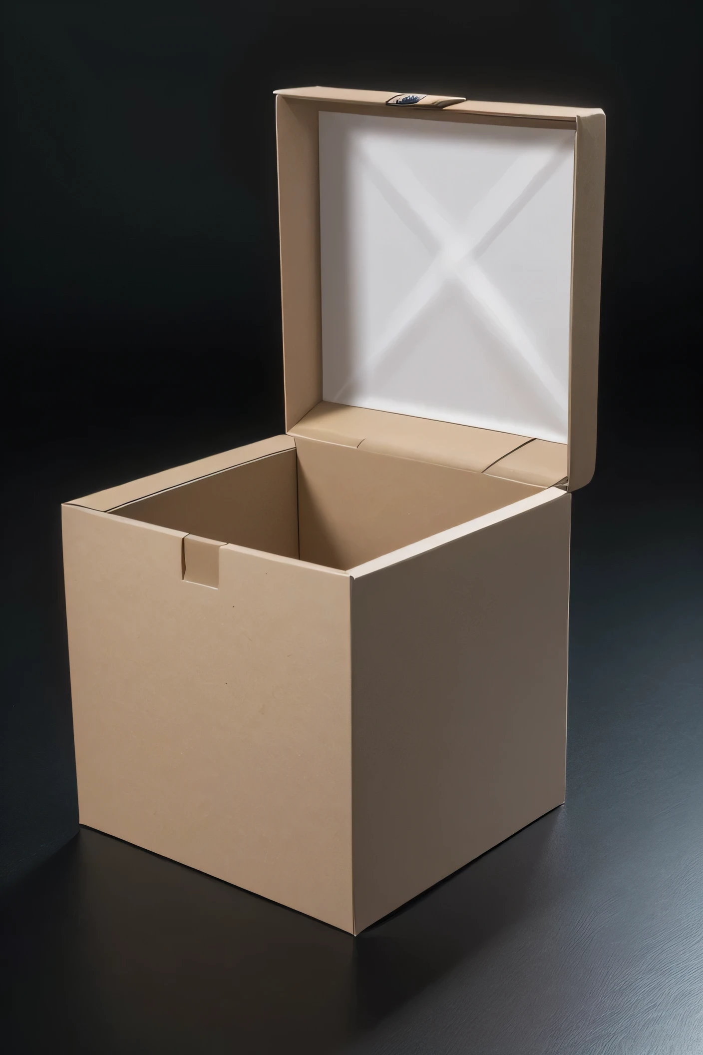 Please create a high-resolution image of a box that is 30 centimeters tall, standing upright on a table. The box should be detailed, with clear edges and realistic textures. The table should be sturdy and complement the box, with a simple, clean design that doesn't distract from the box. The lighting should highlight the dimensions and features of the box, creating a visually appealing and realistic scene. Ensure the image is crisp and clear, capturing all the fine details in high resolution