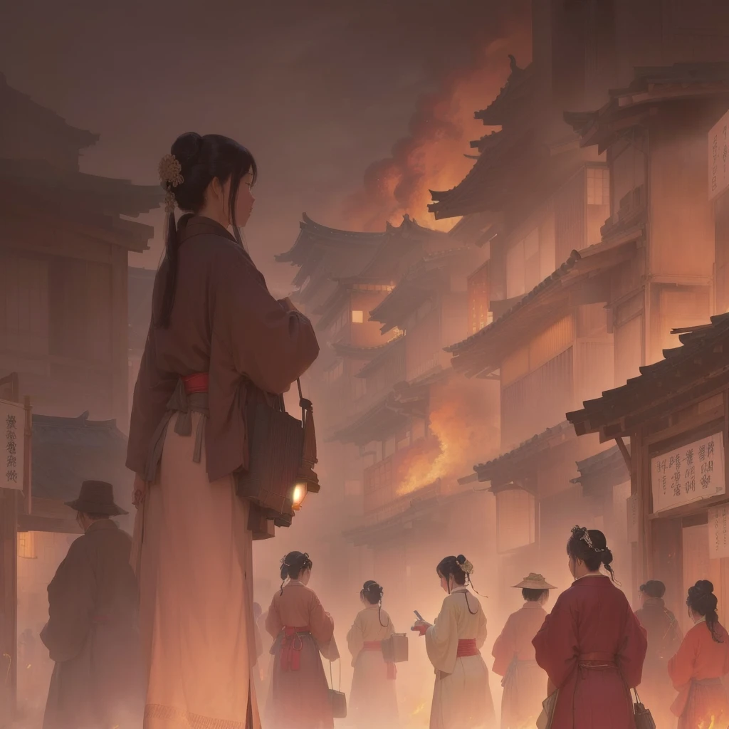 A woman walking down the street with fire in the background, an ancient city on fire, Beautiful artwork illustration, Written by Zou Zhe, Inspired by Chung Fenghua, Bayard Wu, Jan J, by Han Gan, Concept art Great atmosphere, illustration concept art, Written by Len Mei, by 下尾Blazing flames, fire, crowd, throng, freezing, mother warming her baby.Scenery and Cityscape in the Early Meiji Era After the Meiji Restoration, Japan underwent rapid modernization and civilization. Consequently, many changes and reforms occurred. Below is a detailed explanation of the scenery, appearance of the poor, occupations, and cityscapes in the early Meiji period (1868 to the early 1880s). 2. Appearance of the Poor Life for the impoverished and lower classes remained harsh. In particular, in urban areas, people migrated from rural areas or unemployed artisans gathered, intensifying competition in the labor market. Many of them struggled with poverty, often residing in slums or around temples. 3. Occupations Meiji early Japan witnessed a diversification of occupations. Traditional agriculture and handicrafts were accompanied by the rise of modern industry and commerce. Particularly in urban areas, factory workers, shop clerks, and transporters increased, giving rise to new professions. However, many in these occupations endured harsh working conditions. 4. Influence of Civilization and Enlightenment During the Meiji era, Western cultural influences spread rapidly. Changes in clothing, dietary habits, and the proliferation of Western-style architecture advanced, especially in urban areas. Conversely, this development posed a threat to traditional culture and lifestyles, resulting in societal upheaval and adaptation challenges. 5. Social Change and Policy Influence While promoting modernization policies, the government also addressed poverty and social issues. Legislation for labor protection and charitable activities to aid the poor were implemented. Nevertheless, living conditions for the impoverished scarcely improved. The early Meiji period marked a rapid transformation in Japan, with complex social landscapes involving chal