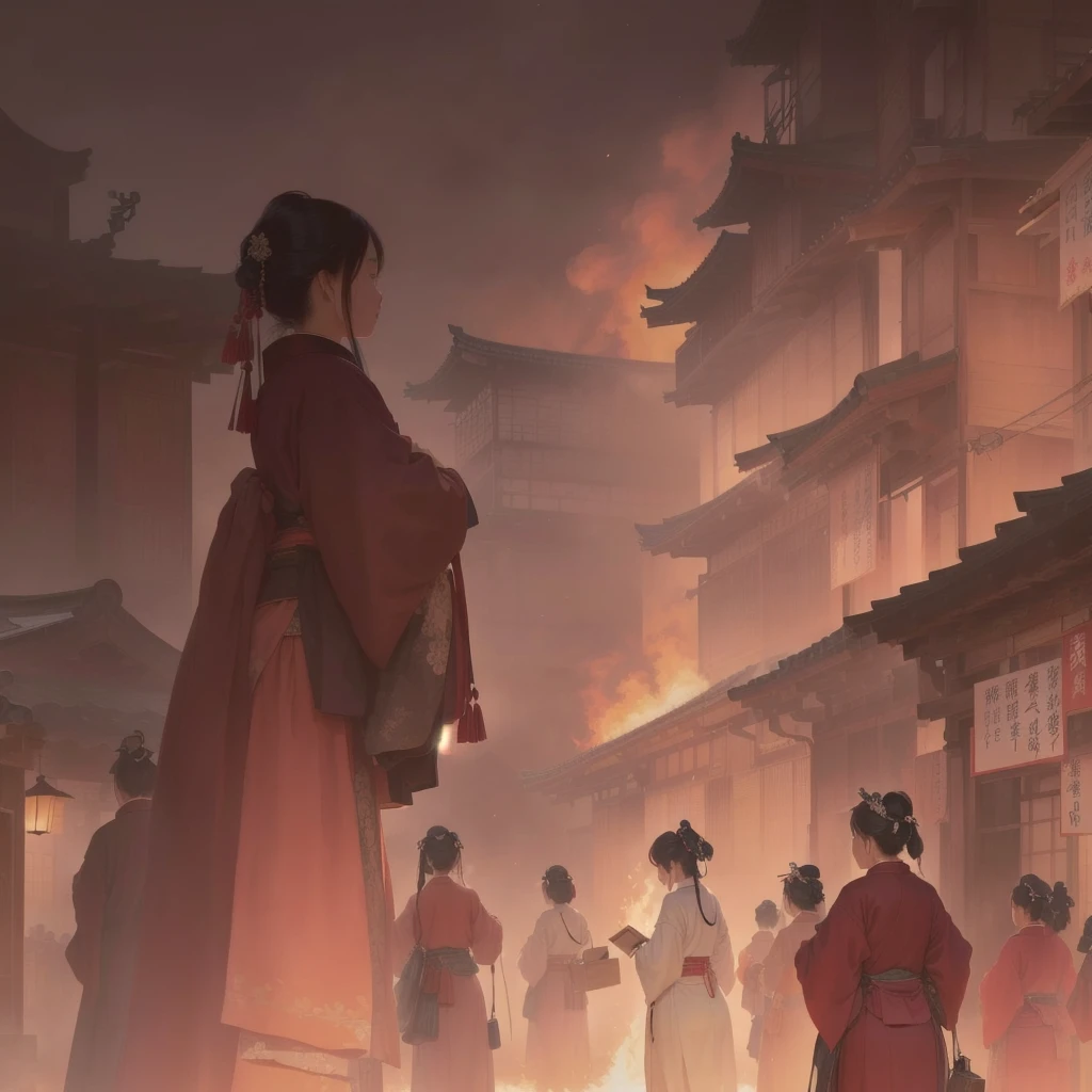 A woman walking down the street with fire in the background, an ancient city on fire, Beautiful artwork illustration, Written by Zou Zhe, Inspired by Chung Fenghua, Bayard Wu, Jan J, by Han Gan, Concept art Great atmosphere, illustration concept art, Written by Len Mei, by 下尾Blazing flames, fire, crowd, throng, freezing, mother warming her baby.Scenery and Cityscape in the Early Meiji Era After the Meiji Restoration, Japan underwent rapid modernization and civilization. Consequently, many changes and reforms occurred. Below is a detailed explanation of the scenery, appearance of the poor, occupations, and cityscapes in the early Meiji period (1868 to the early 1880s). 2. Appearance of the Poor Life for the impoverished and lower classes remained harsh. In particular, in urban areas, people migrated from rural areas or unemployed artisans gathered, intensifying competition in the labor market. Many of them struggled with poverty, often residing in slums or around temples. 3. Occupations Meiji early Japan witnessed a diversification of occupations. Traditional agriculture and handicrafts were accompanied by the rise of modern industry and commerce. Particularly in urban areas, factory workers, shop clerks, and transporters increased, giving rise to new professions. However, many in these occupations endured harsh working conditions. 4. Influence of Civilization and Enlightenment During the Meiji era, Western cultural influences spread rapidly. Changes in clothing, dietary habits, and the proliferation of Western-style architecture advanced, especially in urban areas. Conversely, this development posed a threat to traditional culture and lifestyles, resulting in societal upheaval and adaptation challenges. 5. Social Change and Policy Influence While promoting modernization policies, the government also addressed poverty and social issues. Legislation for labor protection and charitable activities to aid the poor were implemented. Nevertheless, living conditions for the impoverished scarcely improved. The early Meiji period marked a rapid transformation in Japan, with complex social landscapes involving chal