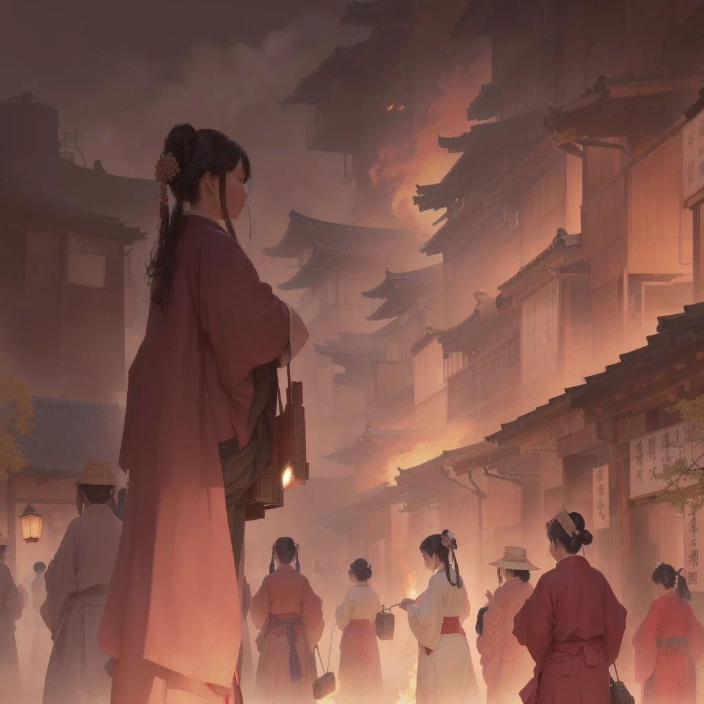 A woman walking down the street with fire in the background, an ancient city on fire, Beautiful artwork illustration, Written by Zou Zhe, Inspired by Chung Fenghua, Bayard Wu, Jan J, by Han Gan, Concept art Great atmosphere, illustration concept art, Written by Len Mei, by 下尾Blazing flames, fire, crowd, throng, freezing, mother warming her baby.Scenery and Cityscape in the Early Meiji Era After the Meiji Restoration, Japan underwent rapid modernization and civilization. Consequently, many changes and reforms occurred. Below is a detailed explanation of the scenery, appearance of the poor, occupations, and cityscapes in the early Meiji period (1868 to the early 1880s). 2. Appearance of the Poor Life for the impoverished and lower classes remained harsh. In particular, in urban areas, people migrated from rural areas or unemployed artisans gathered, intensifying competition in the labor market. Many of them struggled with poverty, often residing in slums or around temples. 3. Occupations Meiji early Japan witnessed a diversification of occupations. Traditional agriculture and handicrafts were accompanied by the rise of modern industry and commerce. Particularly in urban areas, factory workers, shop clerks, and transporters increased, giving rise to new professions. However, many in these occupations endured harsh working conditions. 4. Influence of Civilization and Enlightenment During the Meiji era, Western cultural influences spread rapidly. Changes in clothing, dietary habits, and the proliferation of Western-style architecture advanced, especially in urban areas. Conversely, this development posed a threat to traditional culture and lifestyles, resulting in societal upheaval and adaptation challenges. 5. Social Change and Policy Influence While promoting modernization policies, the government also addressed poverty and social issues. Legislation for labor protection and charitable activities to aid the poor were implemented. Nevertheless, living conditions for the impoverished scarcely improved. The early Meiji period marked a rapid transformation in Japan, with complex social landscapes involving chal