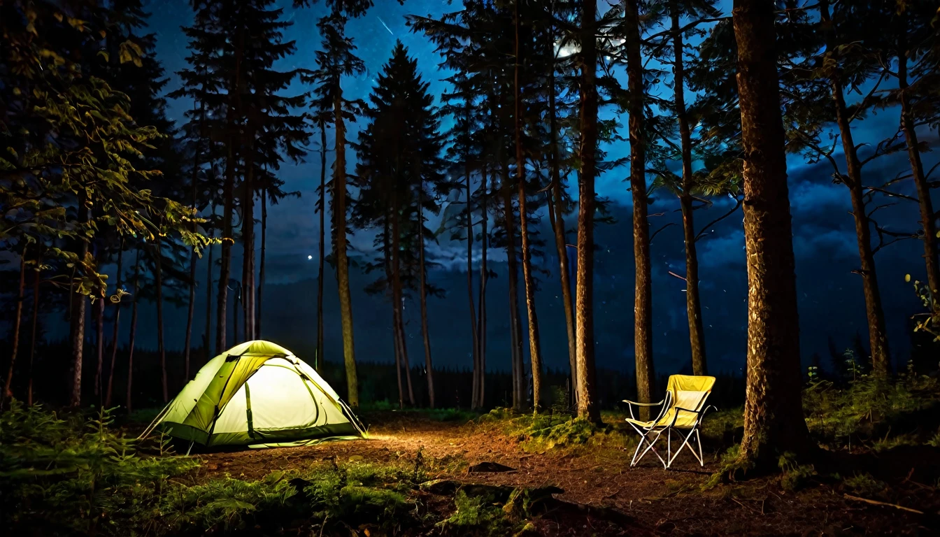lonely camping tent, clearing, surrounded by forest, chair, dark night, tense atmosphere